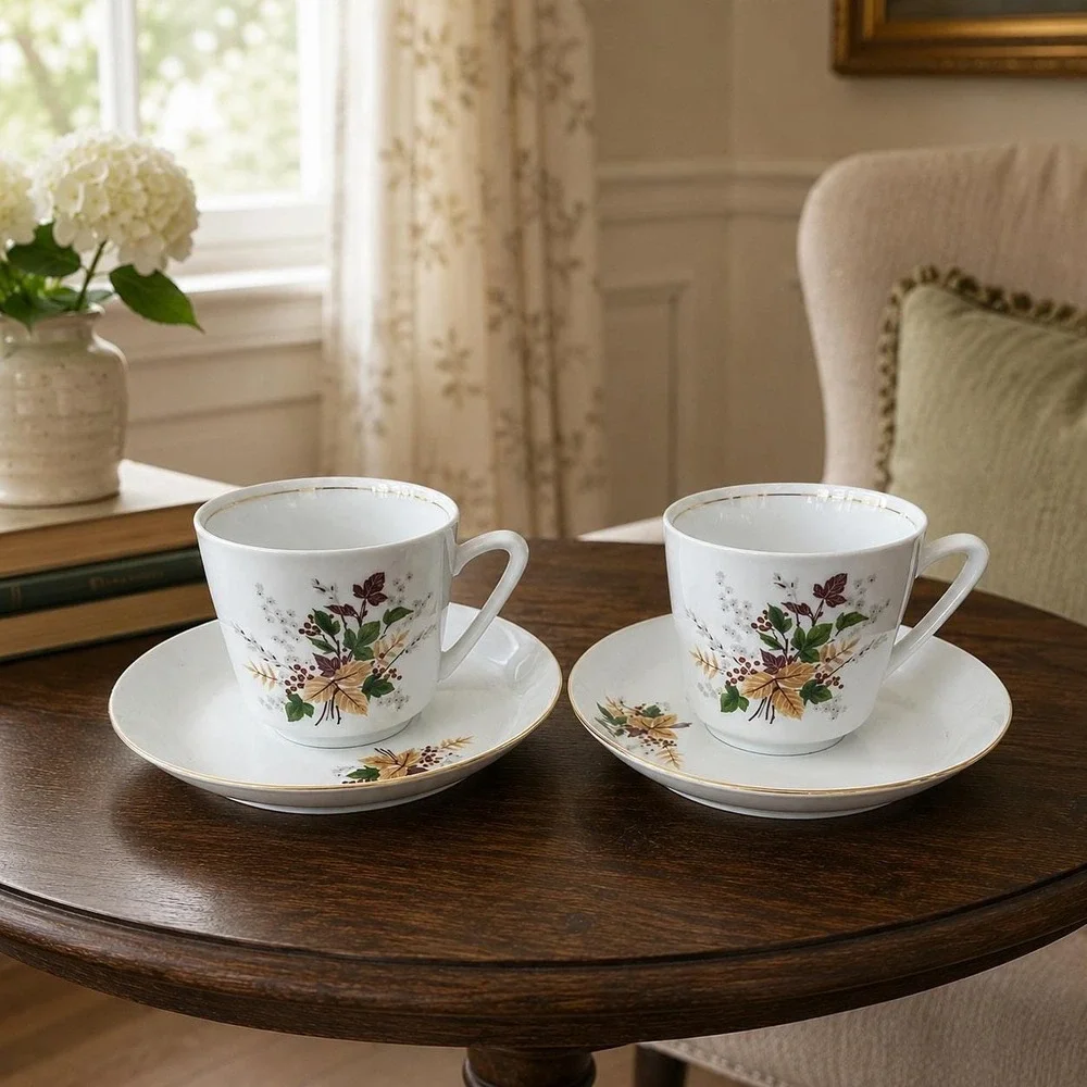 Vintage Kahla Konitz Demitasse Cup Saucer - Autumn Leaves Gold Rim Germany